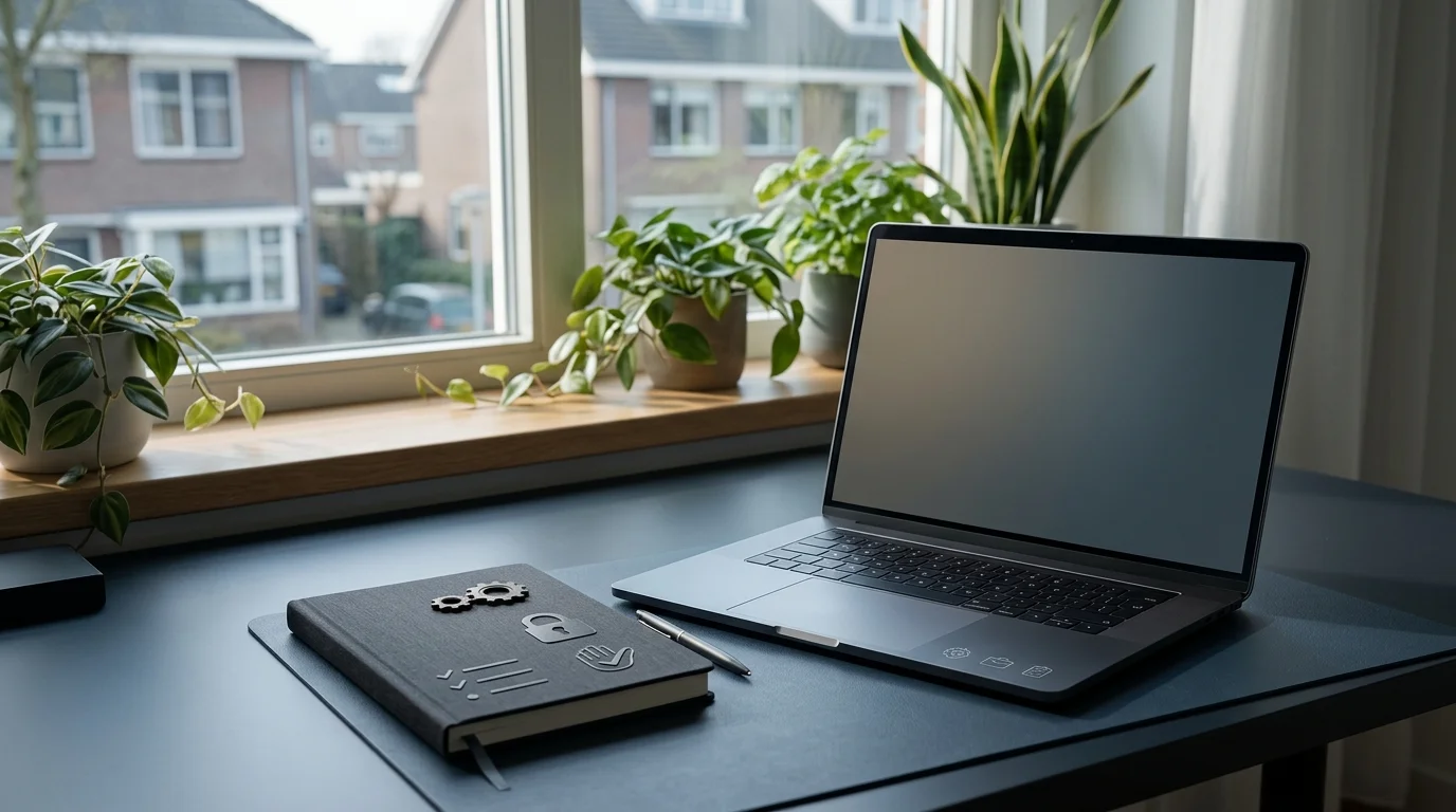 Rustige werktafel met notities over veilig online spelen in Nederland